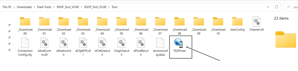Windows File Explorer showing the contents of the YGDP_Tool_V5.00 folder, including multiple _Download subfolders and various configuration files. A black box and arrow highlight the YGDP.exe file, which features a blue globe and smartphone icon, identifying it as the main application to launch.