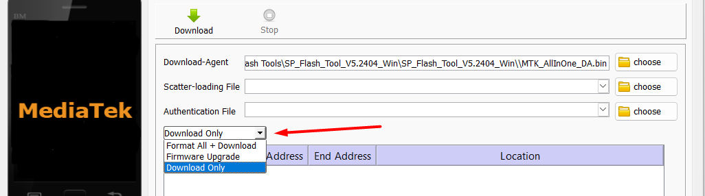 Screenshot of a MediaTek SP Flash Tool interface. The "Download Only" option is selected in a dropdown menu, highlighted by a red arrow.