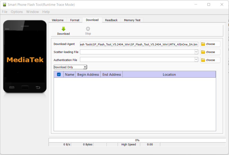 SP Flash Tool main interface on Windows
