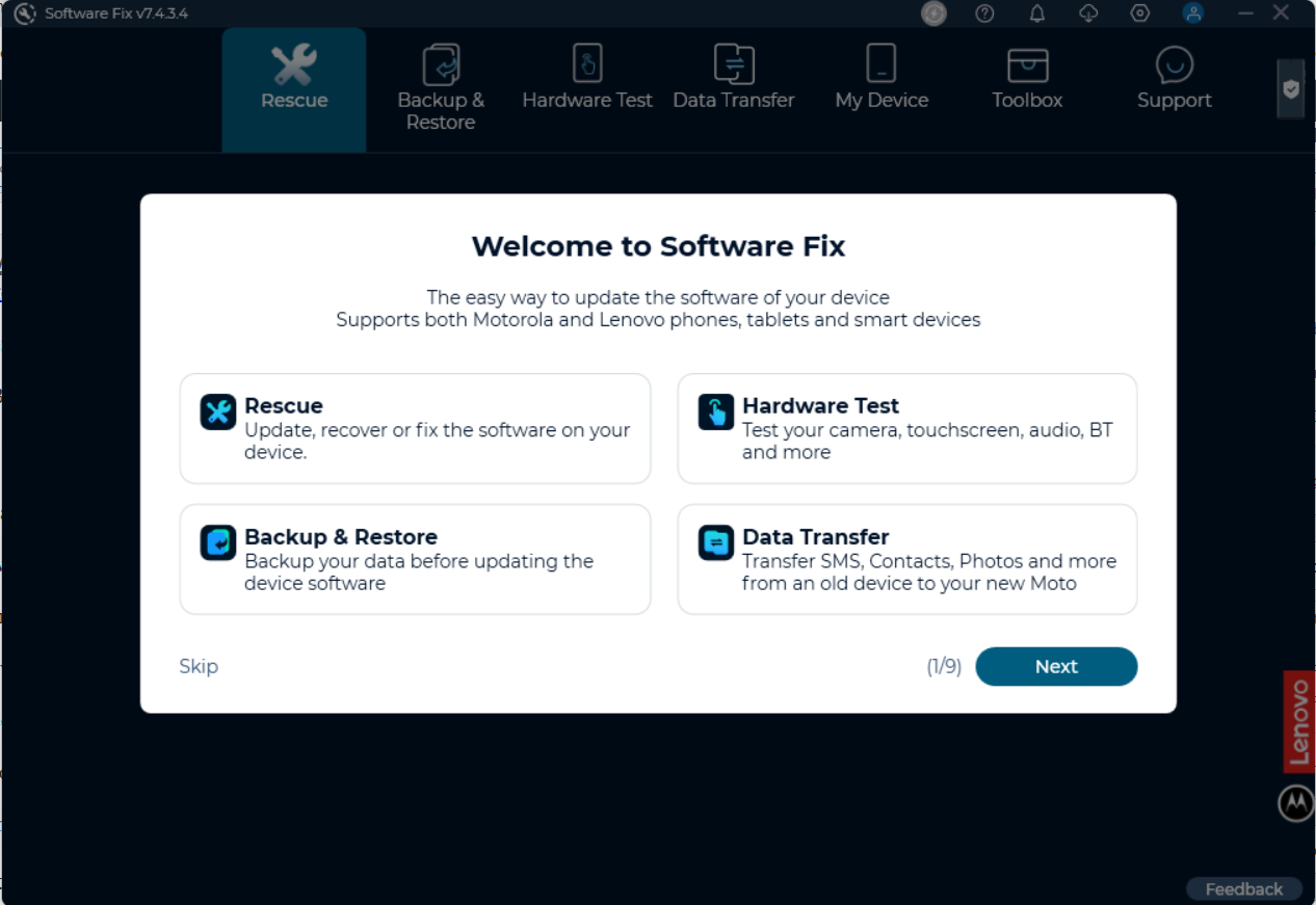 A software interface for updating and fixing Motorola and Lenovo devices. Options include Rescue, Hardware Test, Backup & Restore, and Data Transfer. The tone is informative and user-friendly.