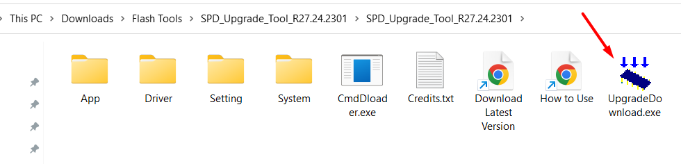 File explorer window showing folders and files of SPD Upgrade Tool. Highlighted is "UpgradeDownload.exe" with a red arrow and three blue arrows.