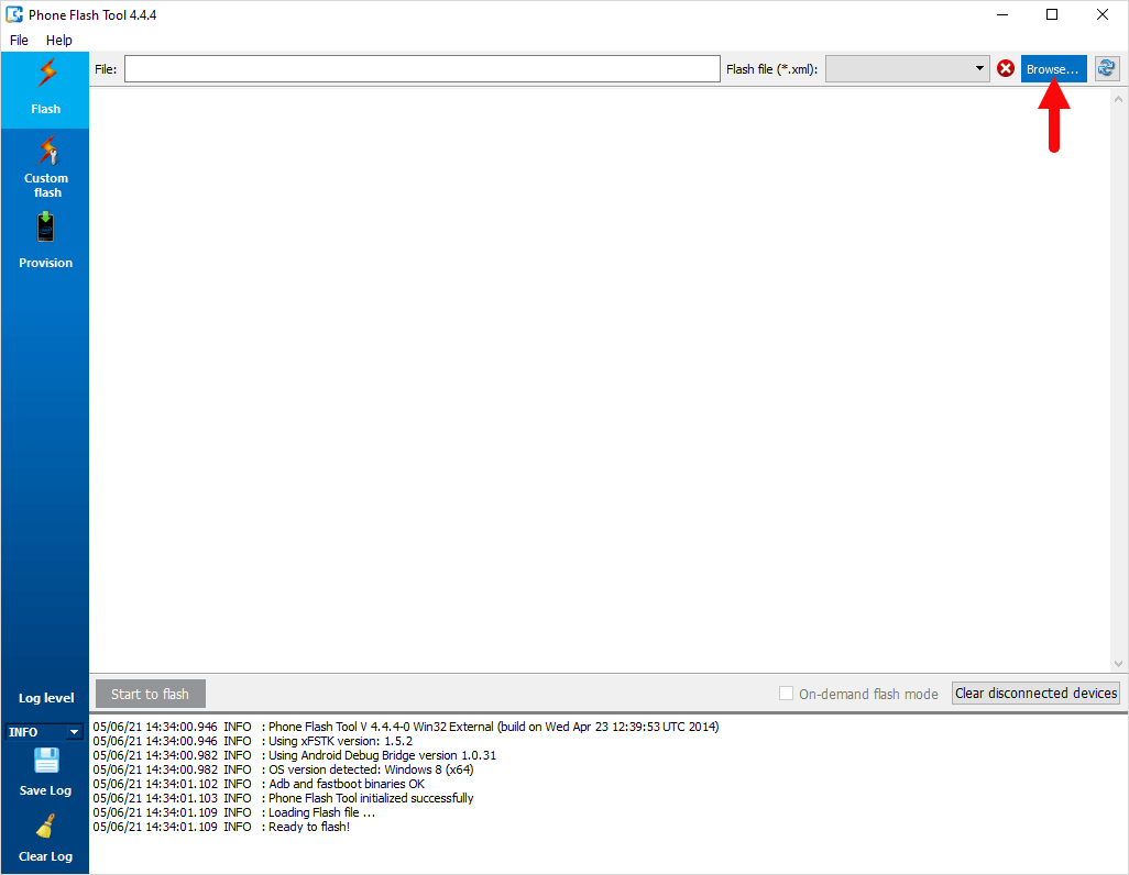 Browse and locate the firmware on the Intel Phone Flash Tool