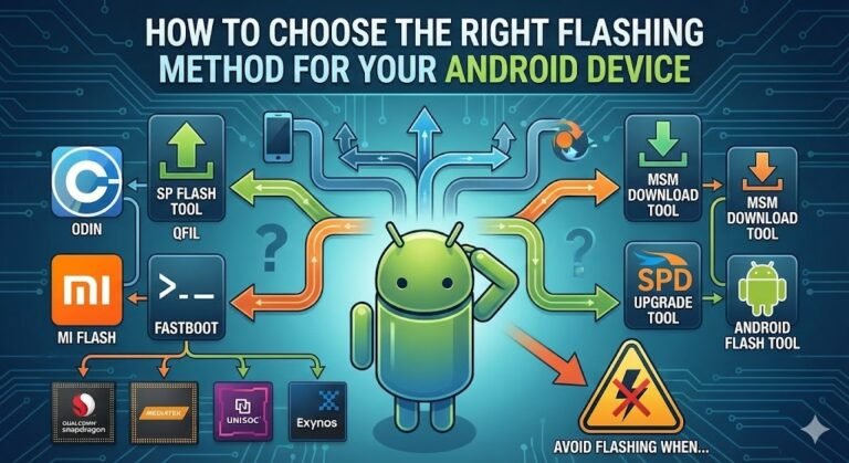 Diagram showing different Android flashing tools (Odin, SP Flash Tool, QFIL, Mi Flash, MSM Download Tool, SPD Upgrade Tool, Android Flash Tool) branching from an Android robot.
