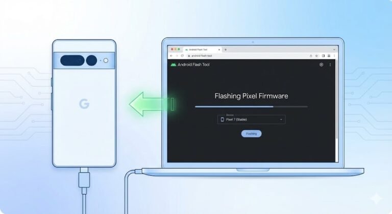A diagram of the Android Flash Tool interface being used to update or restore a Google Pixel phone’s firmware from a laptop.