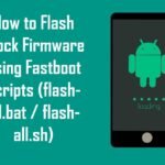 Text on a teal background reads "How to Flash Stock Firmware Using Fastboot Scripts (flash-all.bat / flash-all.sh)." Next to it, a phone displays the Android logo with a loading message.