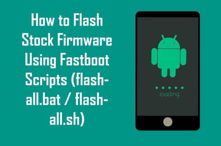 Text on a teal background reads "How to Flash Stock Firmware Using Fastboot Scripts (flash-all.bat / flash-all.sh)." Next to it, a phone displays the Android logo with a loading message.