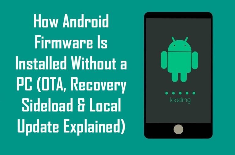 Green background with white text explaining how to install Android firmware without a PC. A phone icon displays an Android logo above a loading bar.