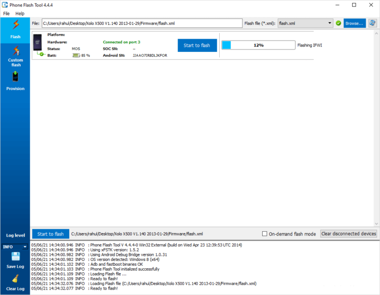 Flashing Progress in Intel Phone Flash Tool
