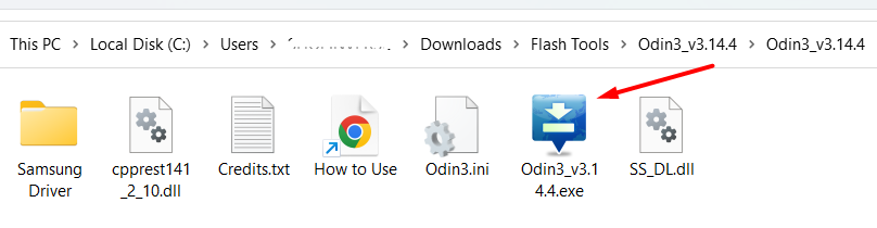 File explorer window showing Samsung Driver folder and files: including Odin3_v3.14.4.exe