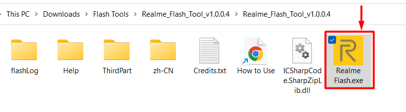 File explorer showing the Realme Flash Tool folder with several files and folders. The highlighted "Realme Flash.exe" file has a yellow icon.