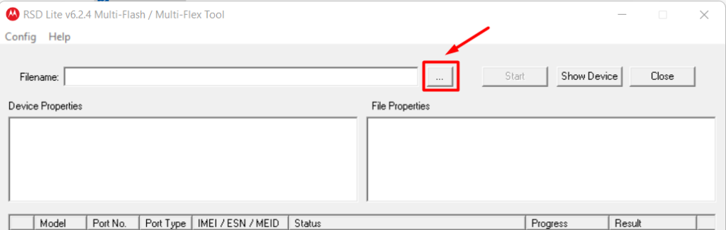 Motorola RSD Lite v6.2.4 showing a red arrow pointing to the browse button for loading a firmware file.