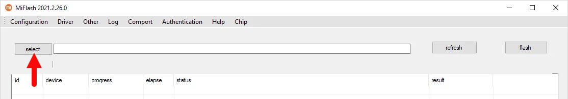 Selecting Xiaomi Fastboot firmware folder in Mi Flash Tool