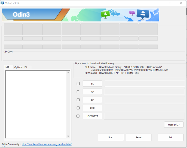 Odin Flash Tool interface