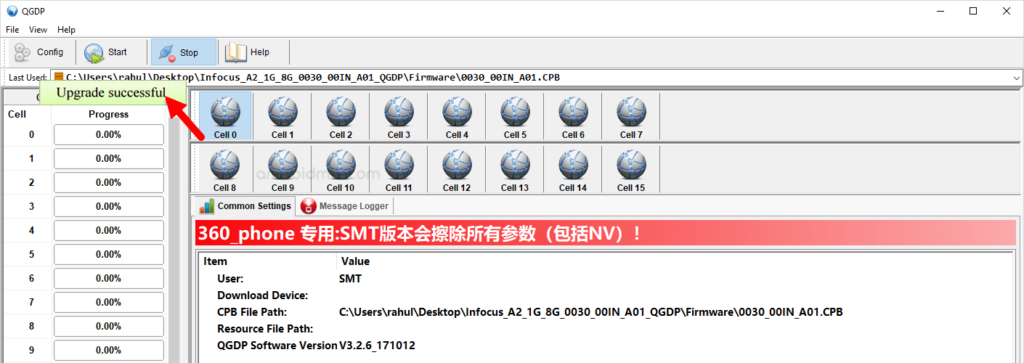 QGDP firmware flash tool showing Upgrade Successful status for Infocus A2 firmware with CPB file path and 16-cell progress panel.