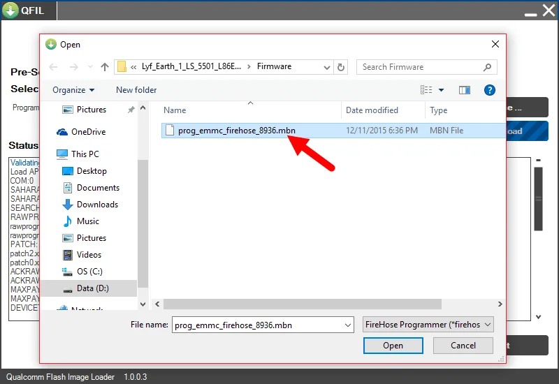 File selection window open within the QFIL software. A highlighted MBN file, named "prog_emmc_firehose_8936.mbn," is being selected.