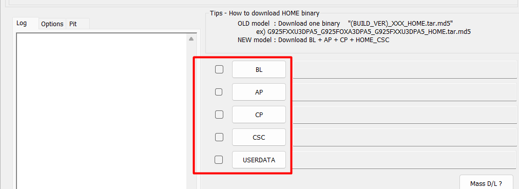 Loading Samsung firmware files in Odin