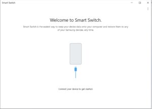 A screenshot of the welcome screen for the Samsung Smart Switch desktop application. The interface features the headline "Welcome to Smart Switch." accompanied by a descriptive text explaining the software's purpose for backing up and restoring Samsung devices. Centered on the screen is a minimalistic graphic of a light gray smartphone connected to a blue USB cable, with instructions below it reading "Connect your device to get started." The window includes standard minimize, maximize, and close icons in the top right corner.