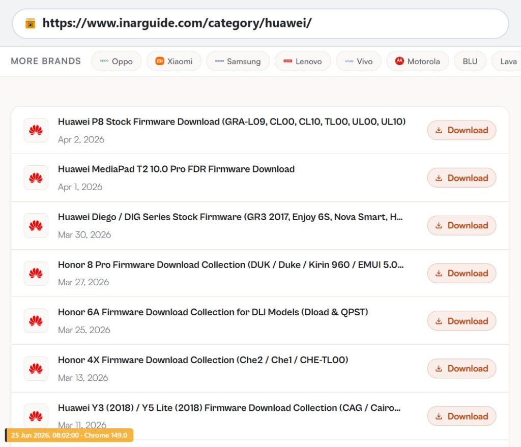 Huawei and Honor firmware download listing on inarguide.com with multiple device models and download buttons.