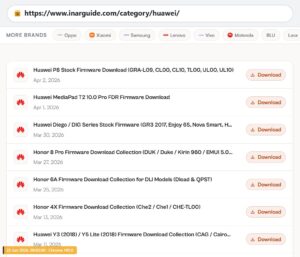 Huawei and Honor firmware download listing on inarguide.com with multiple device models and download buttons.