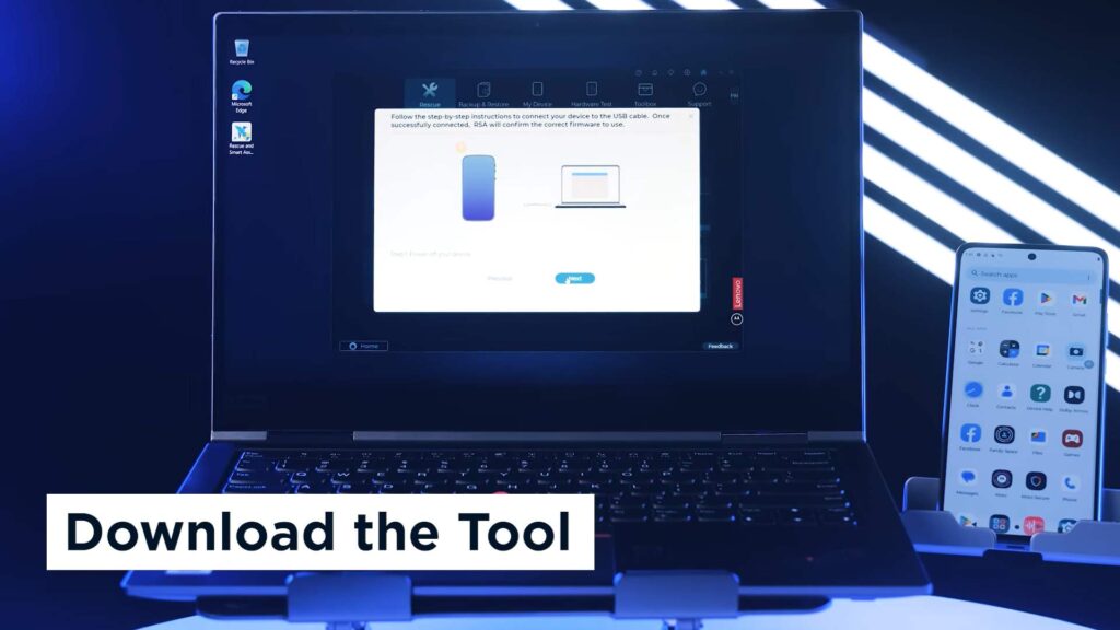 Motorola RSA rescue tool on a Lenovo laptop with USB device connection dialog and Motorola Android phone beside it.