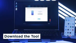 Motorola RSA rescue tool on a Lenovo laptop with USB device connection dialog and Motorola Android phone beside it.