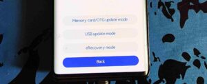 Huawei phone recovery menu with Memory card/OTG, USB update, and eRecovery mode options.