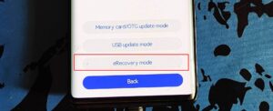Huawei recovery menu with eRecovery mode highlighted, USB update mode, and memory card OTG update options.