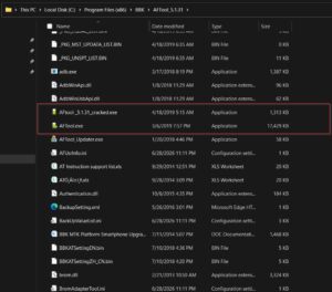 Windows File Explorer showing the BBK AFTool 5.1.31 installation folder at C:\Program Files (x86)\BBK\AFTool_5.1.31, with AFtool_5.1.31_cracked.exe and AFTool.exe highlighted in a red box alongside adb.exe, ADB DLL files, updater, configuration files, and BBK MTK Platform documentation.