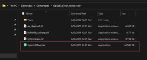 Windows File Explorer showing the OplusEDLTool release v2.0 folder contents with a Tools subfolder, three DLL files (av_libglesv2, libHarfBuzzSharp, libSkiaSharp), and OplusEdlTool.exe highlighted in a red box at 44,500 KB on a dark Windows 11 theme.