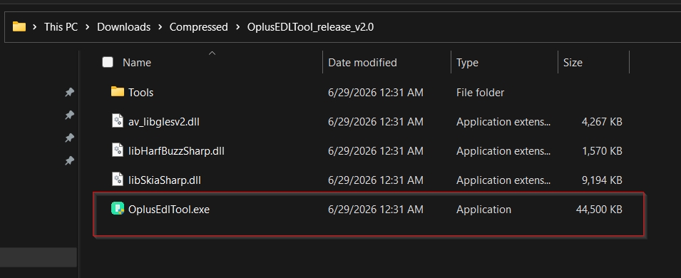 Windows File Explorer showing the OplusEDLTool release v2.0 folder contents with a Tools subfolder, three DLL files (av_libglesv2, libHarfBuzzSharp, libSkiaSharp), and OplusEdlTool.exe highlighted in a red box at 44,500 KB on a dark Windows 11 theme.
