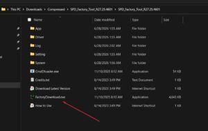 Windows File Explorer showing the SPD Factory Tool R27.25.4601 folder contents with App, Driver, Log, Setting, and System subfolders, plus CmdDloader.exe, FactoryDownload.exe highlighted by a red arrow, Credits.txt, and How to Use shortcut files on a dark Windows 11 theme.