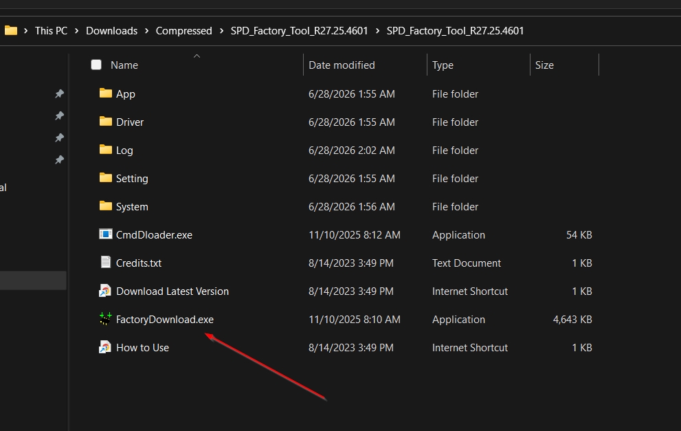 Windows File Explorer showing the SPD Factory Tool R27.25.4601 folder contents with App, Driver, Log, Setting, and System subfolders, plus CmdDloader.exe, FactoryDownload.exe highlighted by a red arrow, Credits.txt, and How to Use shortcut files on a dark Windows 11 theme.