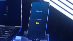 Motorola Edge 2022 Android setup welcome screen with 'Hi there' greeting and START button on a phone stand.
