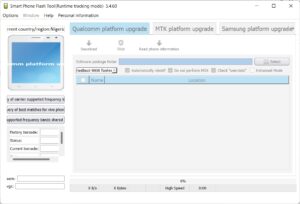 Vivo AFTool Smart Phone Flash Tool v5.4.60 interface showing Qualcomm, MTK, and Samsung platform upgrade tabs, Fastboot-9008 flashing mode selected, software package folder field, Download and Stop buttons, device info panel with factory barcode fields, and 0% progress bar at the bottom.
