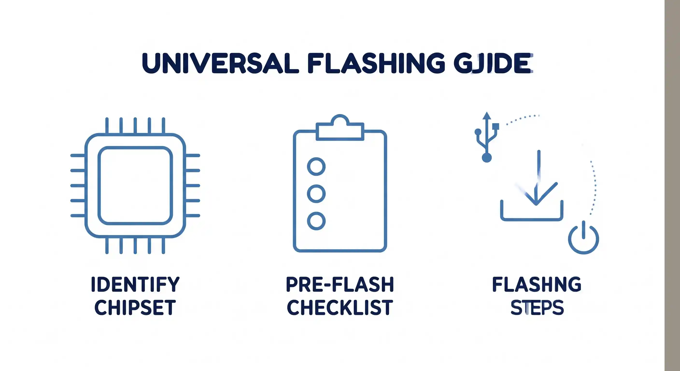A clean blog header image titled 'UNIVERSAL FLASHING GUIDE' in navy text, with three simple mid-blue line-art icons below: a chip labeled 'IDENTIFY CHIPSET', a clipboard labeled 'PRE-FLASH CHECKLIST', and download symbols labeled 'FLASHING STEPS'.